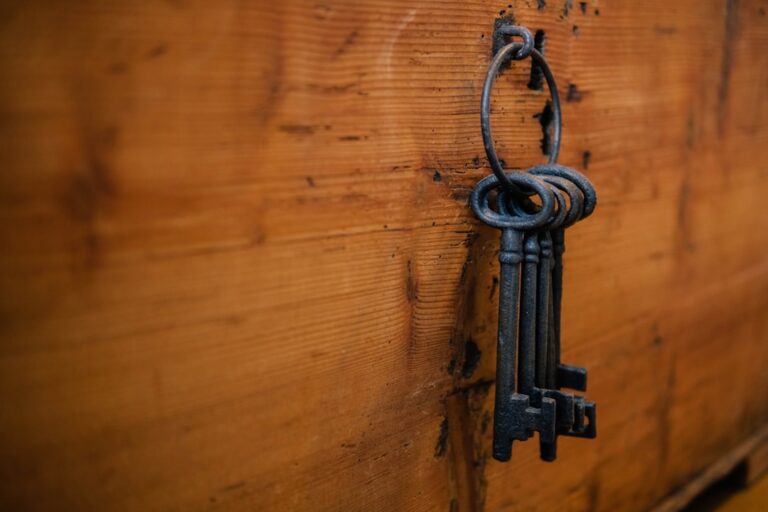 A ring of old iron skeleton keys hanging from a nail on a weathered wooden wall