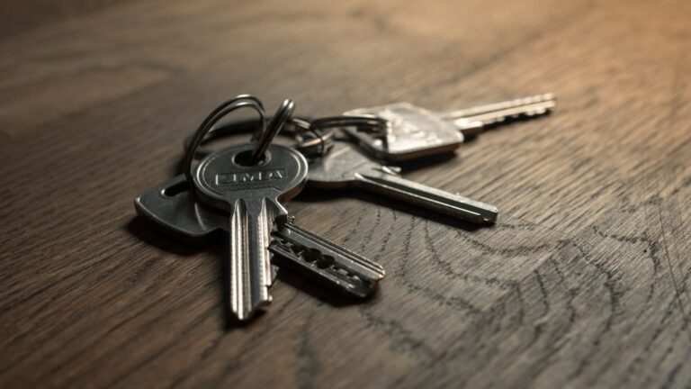 A set of keys on a wooden desk, representing ownership of and access to a business website